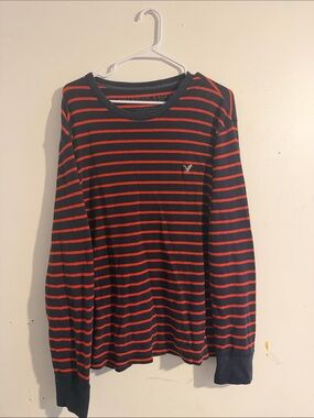 American Eagle Outfitters Navy and Red Striped Long Sleeve Tee